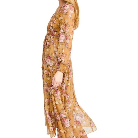 OPT Wick smocked chiffon gold and pink midi dress - Picture 3 of 11